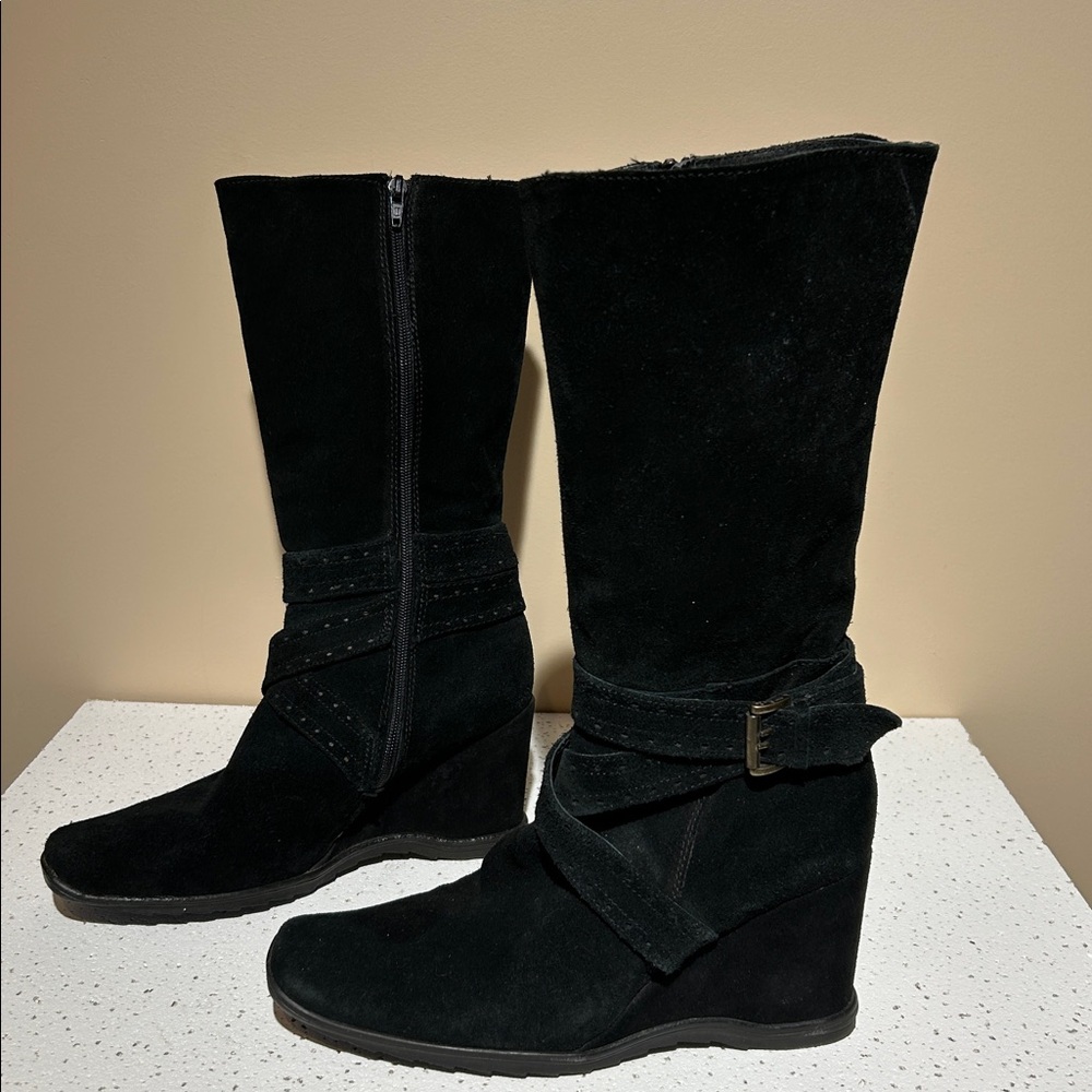 Suede Heeled Boots, Zippered, Black (size 9)